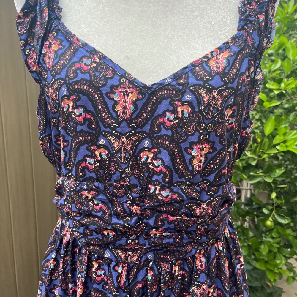 New Caroline Constas Women Navy Pansy Print Ruffle Tiered Smocked Maxi Dress L - Picture 3 of 13